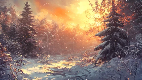 Winter forest glowing with soft sunrise and drifting snow.