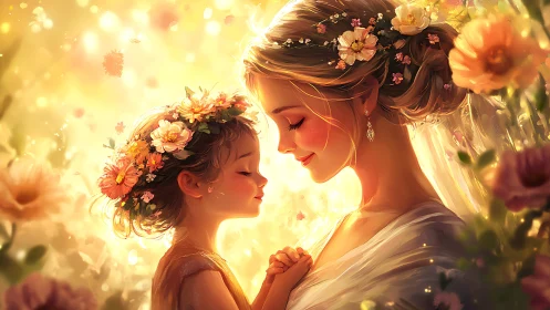 Digital portrait depicting two figures with floral crowns in warm lighting.