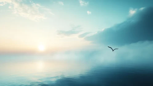 Soft sunrise over calm ocean waters welcomes a lone seabird