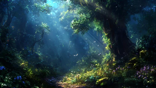 Dense Forest Canopy with Dappled Sunlight Illuminating Undergrowth