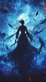 Digital painting silhouette of lunar warrior in turbulent sky.