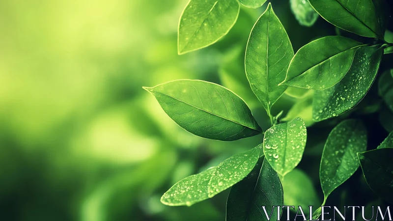 Close-up green leaves with water droplets in soft light.