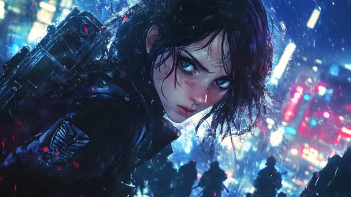 Cyberpunk rain-soaked warrior amid neon city pursuit.