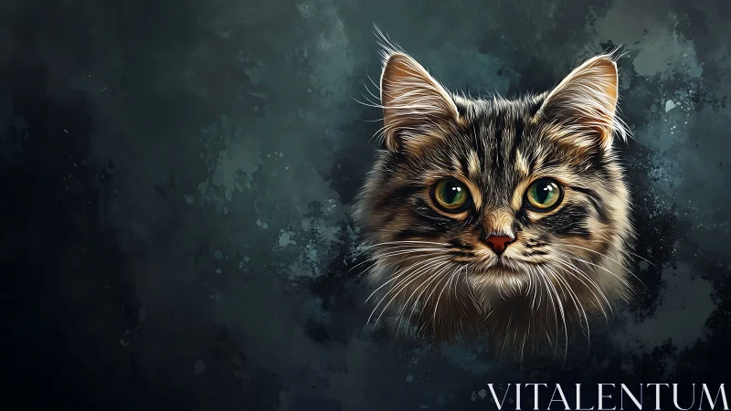 Tabby cat head rendered against textured teal background.