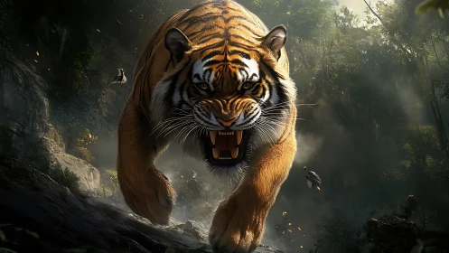 Predatory tiger charges through misty jungle ravine. Period.