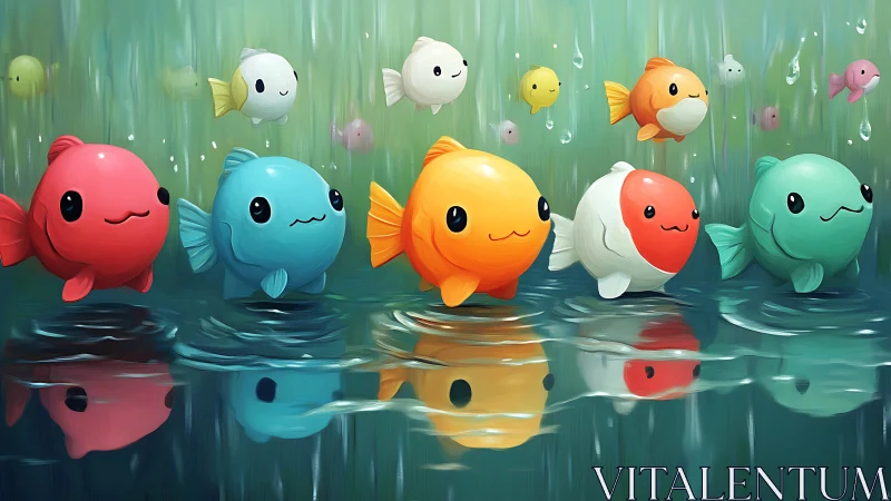 Colorful chibi fish glide above reflective water surface