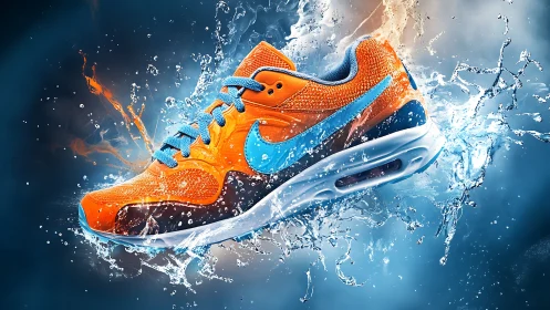 Dynamic orange athletic shoe splashing through clear water.