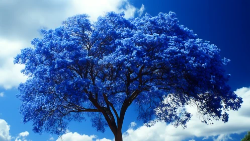Majestic tree with vibrant blue leaves under clear sky, digital art.