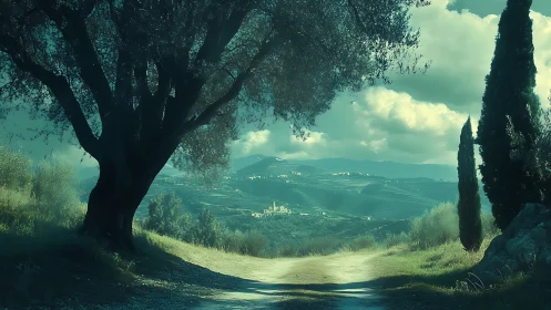 Sunlit hill path under spreading tree toward distant village.