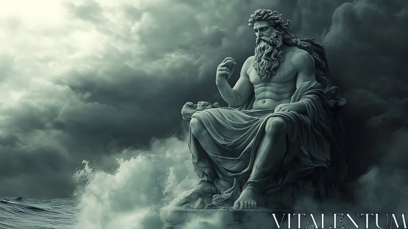 Mighty sea god sits in stormy waves under brooding skies