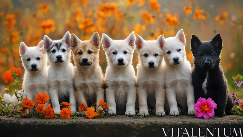 Symmetrically aligned puppies in shallow-depth field floral portrait