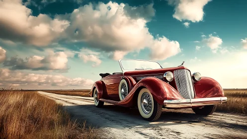 Streamlined vintage roadster under expansive stratocumulus sky.