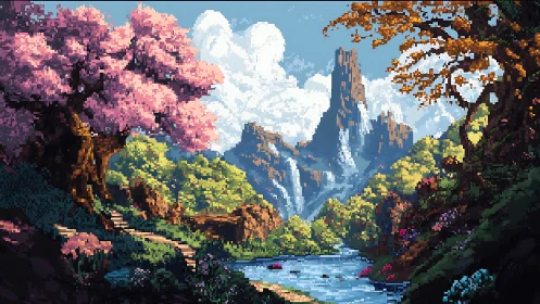 Pixel fantasy valley with waterfalls, river and blossoms.