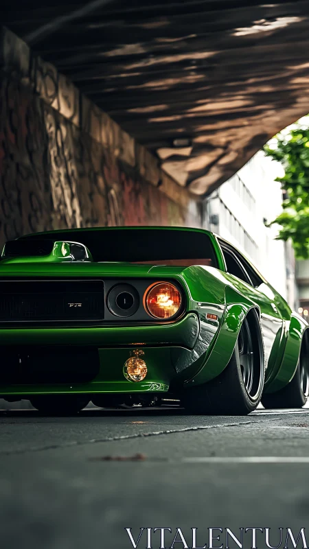 Green modified sports car under urban overpass at dusk.