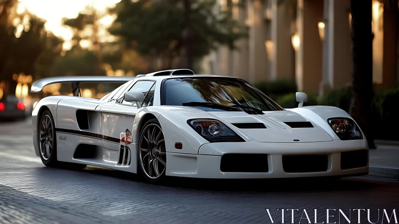 Low-slung white track-focused supercar in evening urban light