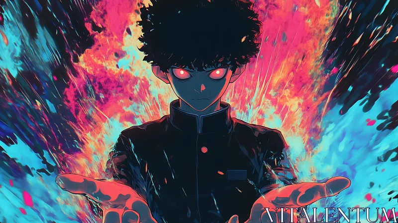 Psychic teen channels neon inferno with blazing focus.