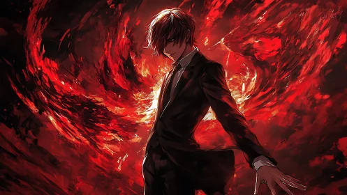 Suit-clad anime antihero within erupting crimson vortex.