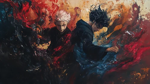 Dual anime warriors divide red and blue energy in dynamic swirl