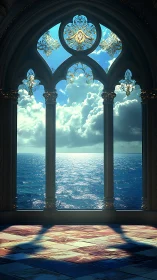 Gothic ocean window frames luminous sky and sea horizon.