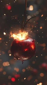 Burning red cherry rendered with detailed sparks and flame.