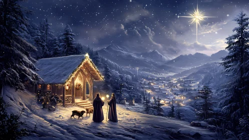 Snow-covered cabin and village under bright guiding star.
