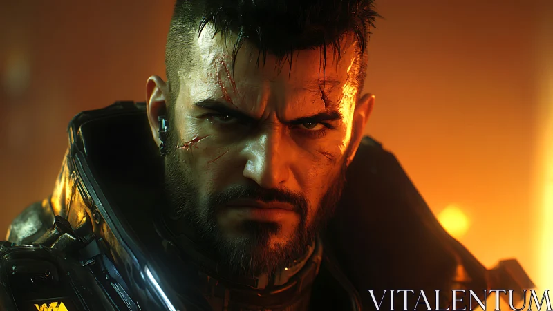 Scarred cyber soldier stares ahead in blazing neon light