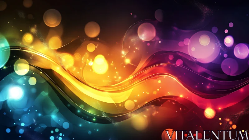 Digital painting of luminous color waves and bokeh orbs.