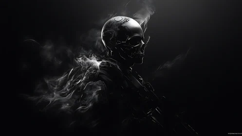 Smoke-sculpted skull stalks the void with metallic silence