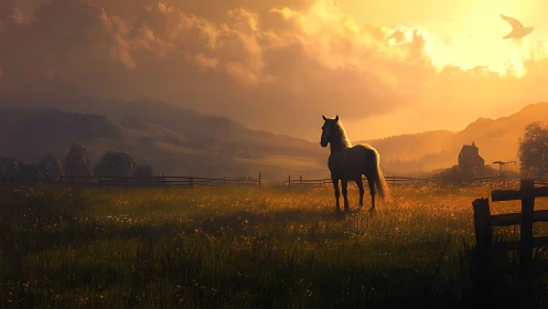 Sunlit horse stands in misty valley pasture at golden hour