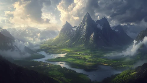 Dramatic alpine valley with river meanders under stormlit clouds