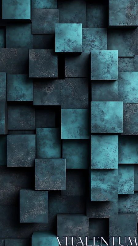 Layered teal cubes form a moody geometric abstract wall