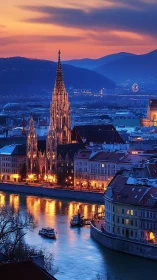 Riverside cathedral glow and ferris wheel under painted dusk.