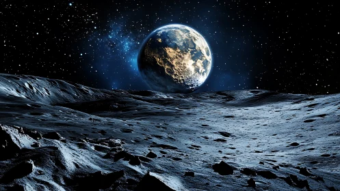 Lunar regolith foreground with illuminated Earthrise and starfield