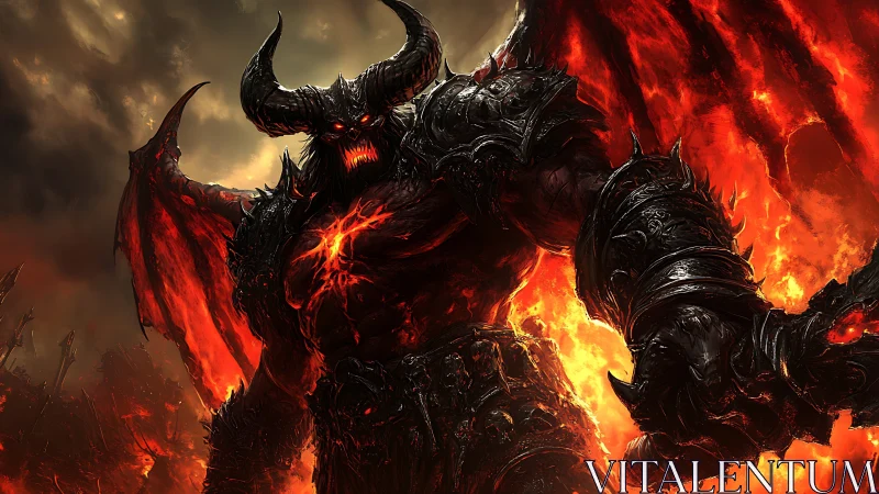 Inferno titan strides through molten shadows and flame.