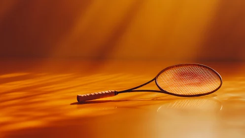 Badminton racket lies on reflective orange surface horizontally