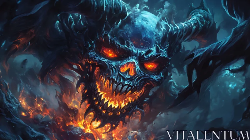 Fiery horned skull emerges within turbulent blue smoke