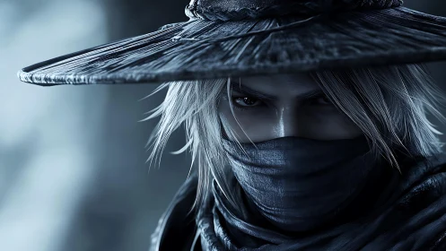 Brooding masked warrior in cool monochrome dramatic lighting.
