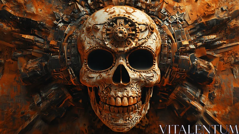 Mechanized skull relief integrates steampunk gears and corroded metal halo