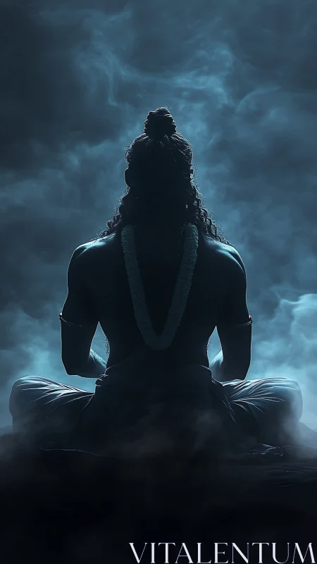 Mystic yogi sits in moonlit smoke, radiating silent power.