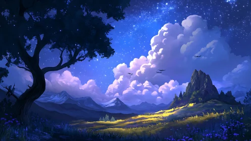 Landscape shows illuminated valley under starry twilight sky