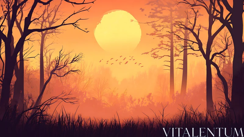 Ember-tinted forest dusk cradling a molten honey sun.