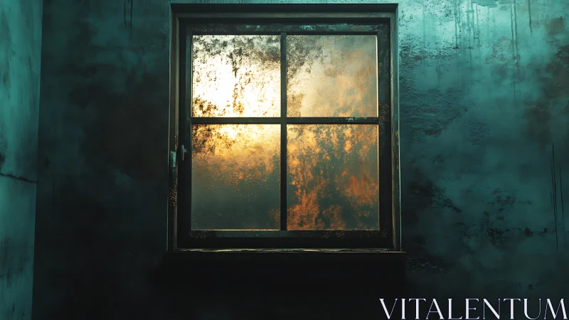 Old window frame with fogged glass and warm backlight glow.