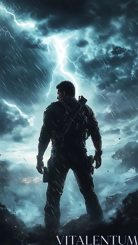 Stormy battlefield hero silhouette under lightning strike.