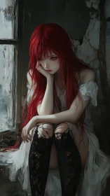 Scarlet solitude by the cracked window, waiting out storms.