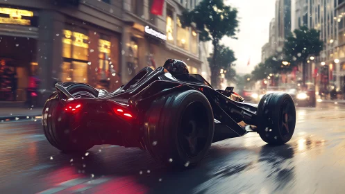 Futuristic black racer tears through wet neon city street.
