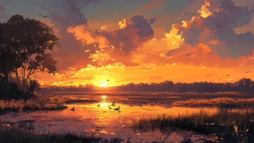 Sunset marsh choir under a sky of molten embers singing softly.