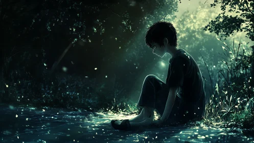 Solitary youth seated by reflective forest water surface.