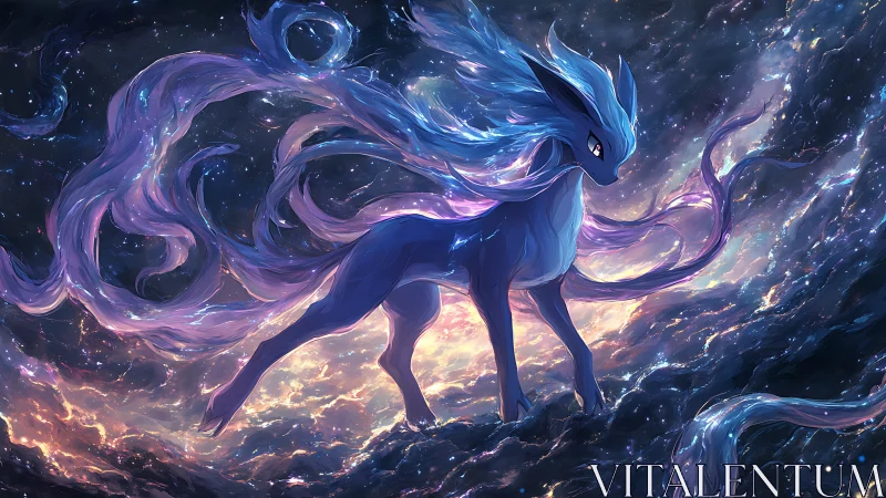 Celestial fox creature strides through glowing cosmic storm