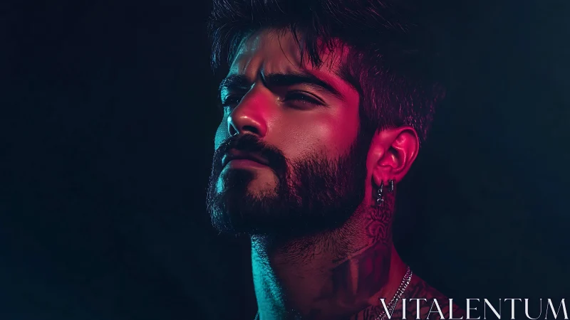 Neon-shadowed gaze sculpts a rebel portrait from darkness