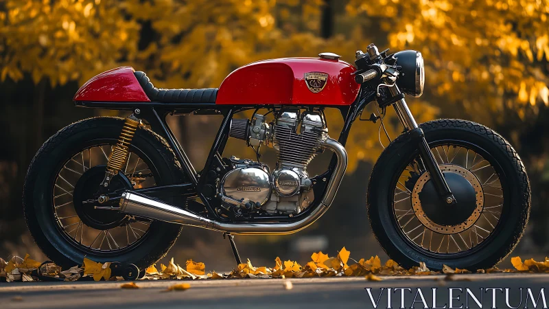 Red cafe racer motorcycle on road amid autumn foliage.